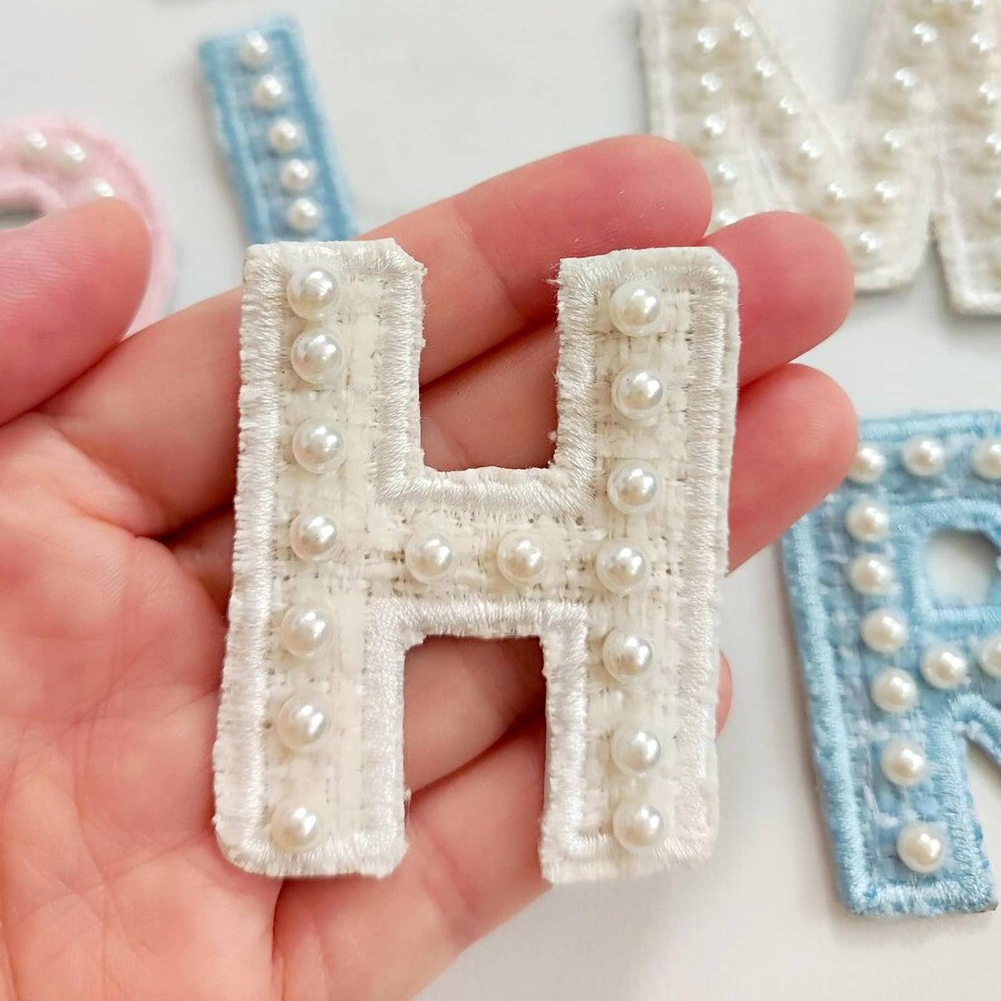 Embroidered Canvas Sticker Letter Patch with Ivory Pearl
